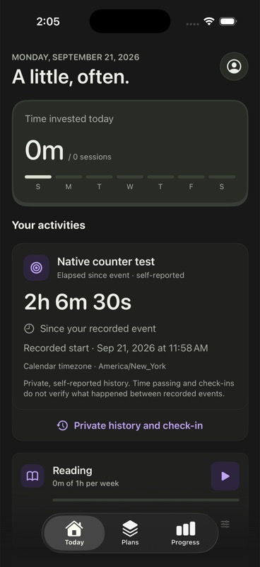 DayMarko Today screen showing tracked activities
